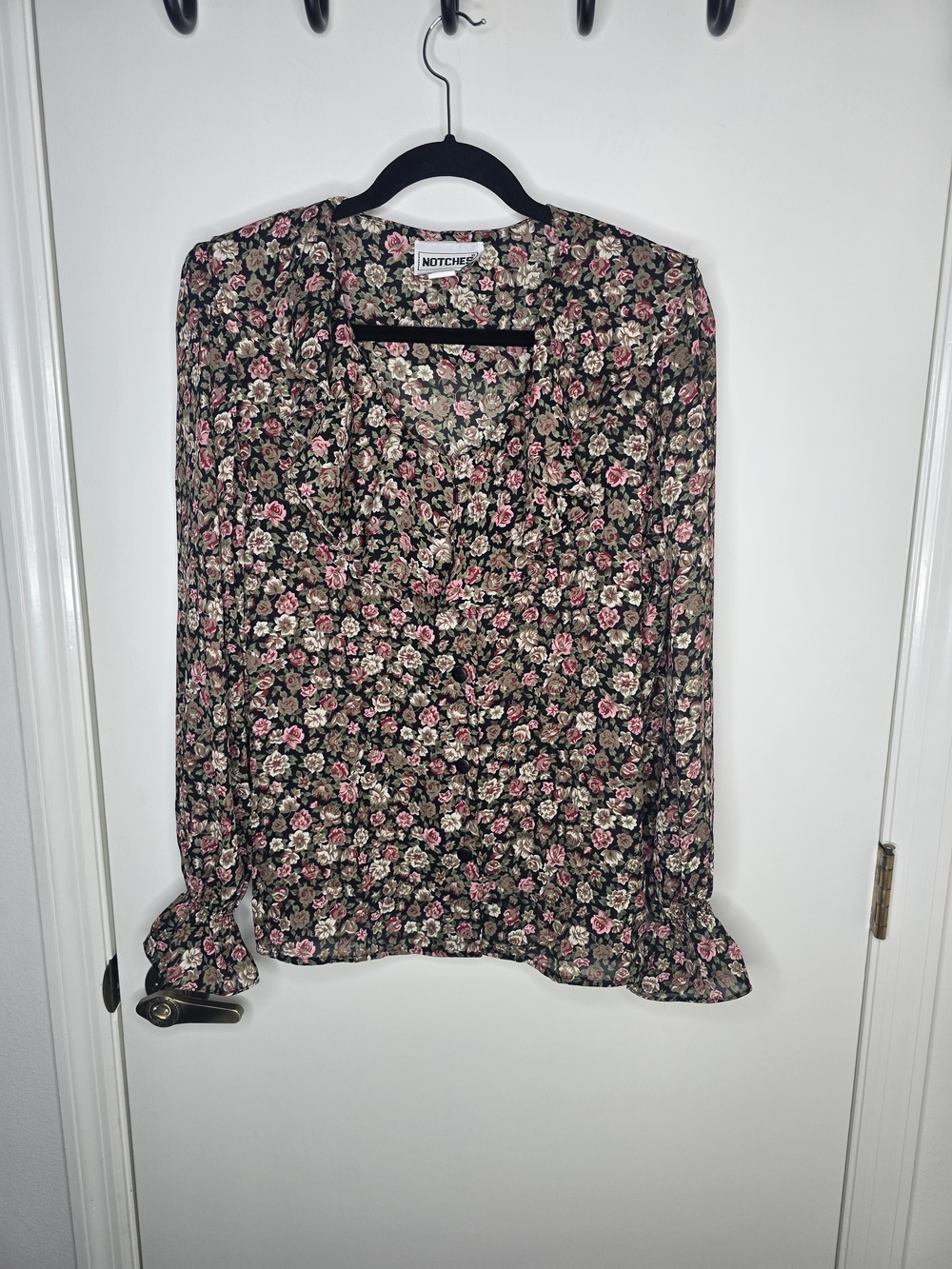 Vintage 80's Notches Black Floral V-Neck Button-down Long Sleeve Blouse